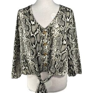 Streetwear Society snakeskin print crop top faux button down 3/4 Sleeve size M